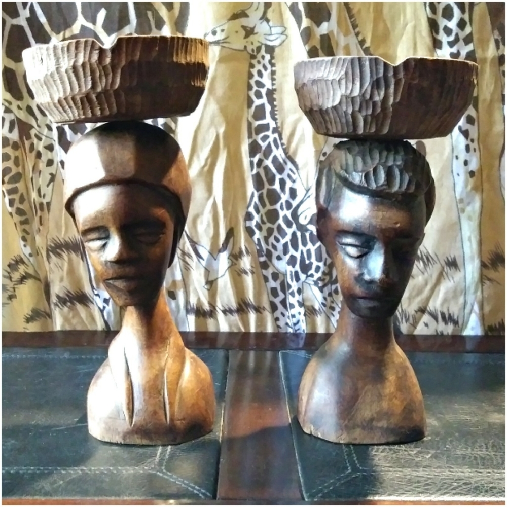 Vintage Hand Carved Wooden Pedestal Ashtrays